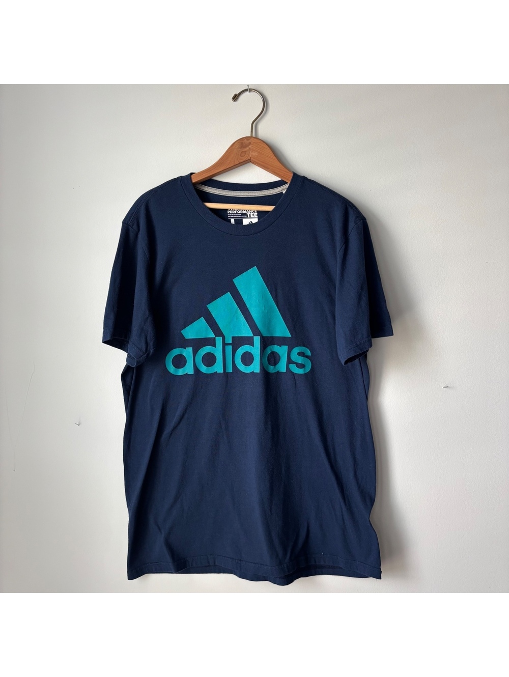 adidas Performance Tee Men's Large Navy Blue Teal Badge of Sport Logo Shirt